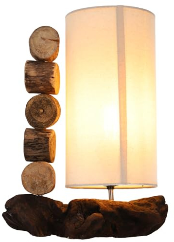 Tischleuchte handgefertigt aus Treibholz und Baumwolle, Modell Sibuni | Stabiler Holzfuß, natürliche Materialien, einzigartiges Design, ideal für Naturfreunde.