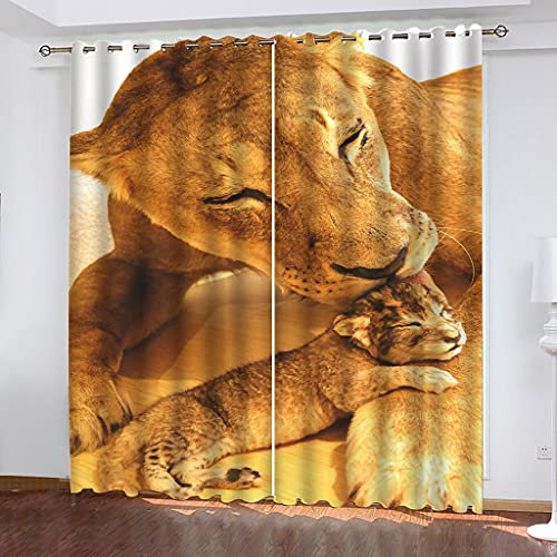 KGSK Vorhänge Blickdicht Mit Ösen 2 Set 3D Tier Löwe Mutter Kind Gardinen Blickdichte 200x160 cm Vorhang Drucken Curtains Schlafzimmer Wohnzimmer Deko, Verdunklungsgardine Verdunklungsvorhänge