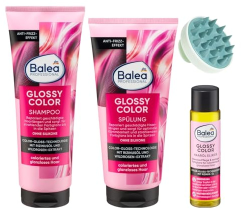 Balea PROFESSIONAL 3er-Set : Conditioner Glossy Color, 200 ml + Shampoo Glossy Color, 250 ml + Haaröl Elixier Glossy Color, 20 ml + Bonus Kopfhaut Massagebürste