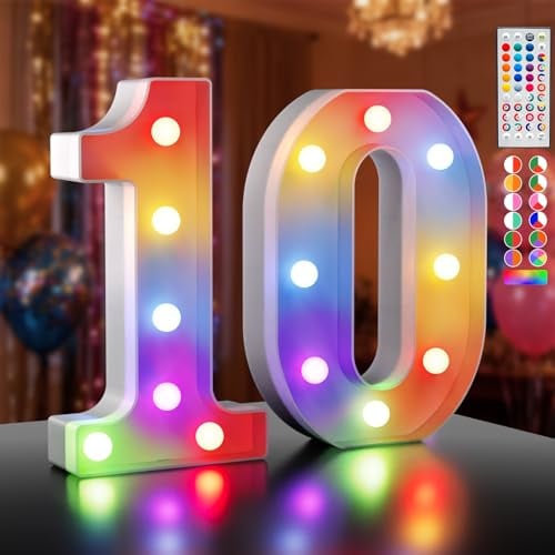 Ledido 35 Farben LED Zahlen Lampe Nummer Beleuchtete Ziffern 10 | Led Leuchtzahlen mit Fernbedienung Dimmbar, Dekoration für Happy Birthday Party Deko,Hochzeitsdeko,Desktop Wandtischdeko