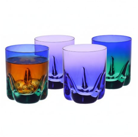 Krosno – Vasos para whisky de 250 ml, juego de 4 piezas – Colección Aurora – Pintados y decorados a mano – Cristal sin plomo – Para bourbon, ron y cócteles – Regalo – Azul marino y violeta