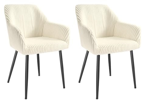 SONGMICS Lot de 2 Chaises Salle à Manger, Chaises de Cuisine, en Velours Côtelé, Rembourrées, Accoudoirs, Charge Max. 120 kg, Pieds en Métal, pour Salle à Manger, Blanc Crème et Noir Mat LDC087WD01-2J