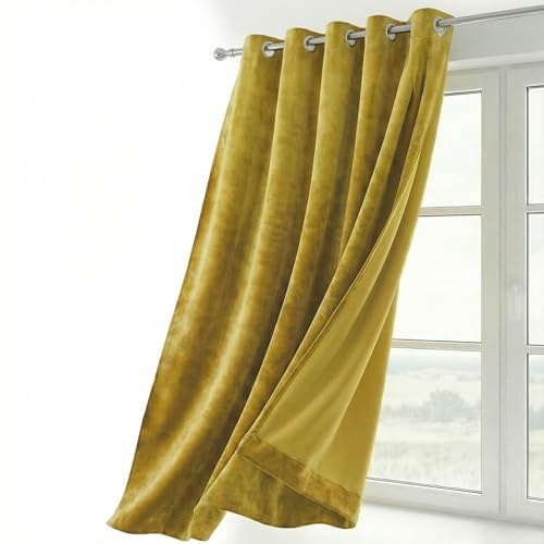 BEAUTEX Samtvorhang Ösen Senfgelb 140x225 cm Velvet Verdunkelung | Weicher Velvet-Samt, blickdicht, lichtmindernd, pflegeleicht, viele Farben und Größen