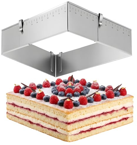 ICARE Backrahmen rechteckig verstellbar 8 cm hohe - Edelstahl Backform | Kuchenform eckig mit 4 Klammer für Schichttorten, Torten & Desserts – Zerlegbarer Tortenring eckig zum Backen