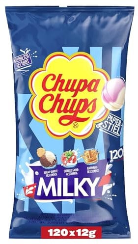 Chupa Chups Milky Lutscher-Beutel, mit 120 Lollis in 3 cremigen Geschmacksrichtungen Kakao-Vanille, Karamell, Erdbeer-Sahne, geeignet für Geburtstag, 120 x 12g