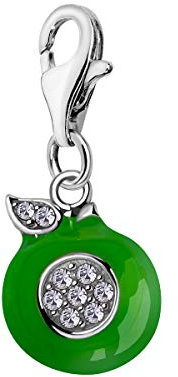 Quiges Charm Anhänger Weiß Zirkonia und Grün Emaille Apfel 925 Silber mit Karabinerverschluss für Bettelarmband