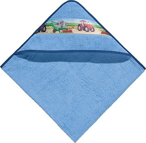 Erwin Müller Kinder-Kapuzenbadetuch, Kapuzenhandtuch Frottier hellblau Größe 100x100 cm - mit Webbordüre Traktor, Bauernhof, 100% Baumwolle