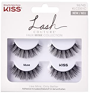 KISS Lash Couture Faux Mink Collection Double Pack of False Lashes, Muse, Ultrafine, Tapered, Synthetic Fake Lashes includes Lash Glue