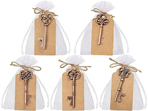 GoMaihe Gastgeschenke Hochzeit 50 Stück: 5 Stile Vintage Flaschenöffner mit DIY Karte und Geschenktasche transparent für Taufe Kommunion Konfirmation Geschenk Geburtstag Tischdeko
