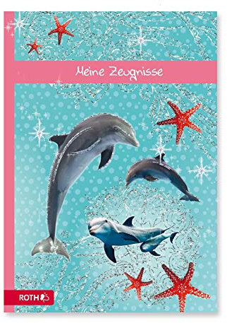 ROTH Zeugnismappe Delfin mit Glitzereffekt - mit 10 A4 Klarsichthüllen, dokumentenecht - Dokumentenmappe