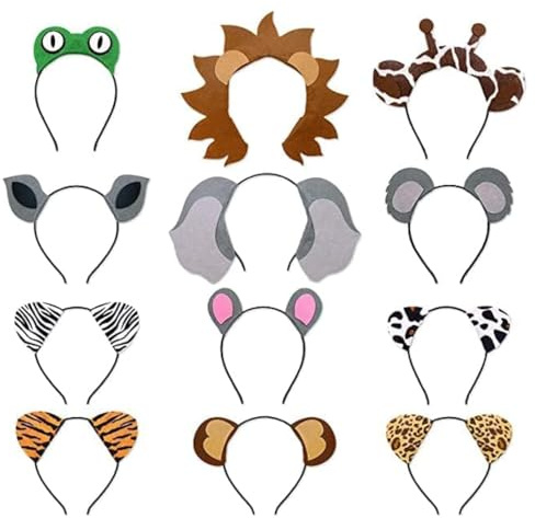 12pcs Jungle Animal Safari Headbands with Animal Hair Hoops - Photo Booth Props, Party Favors and Decorations for Kids and Adults