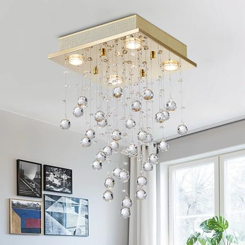 BESTIER Gold Moderne Kristall Quadrat Regentropfen Kronleuchter Beleuchtung Unterputz LED Deckenleuchte Pendelleuchte für Esszimmer Badezimmer Schlafzimmer Wohnzimmer 30cm breit 50cm hoch