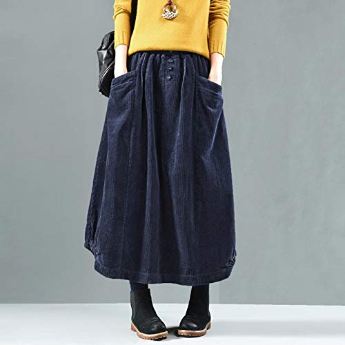 Rock Herbst Winter Cordrock Frauen Vintage Midi Lange Röcke Weibliche Elastische Taille A-Linie Faltenrock Big Size OneSize Navyblue