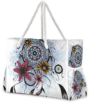 Mnsruu Große Strandtasche, Traumfänger und Blumen, Schultertasche, Strandtasche, Baumwollseilgriffe, Reise-Tragetasche für Frauen