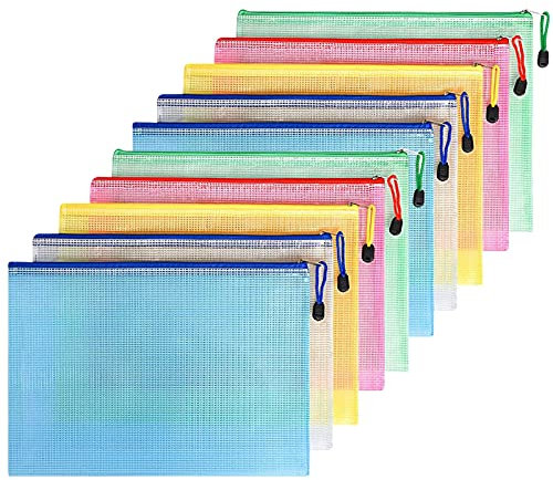 FYY Dokumententasche A4,10 Stücke Datei Taschen mit Reißverschluss,Mesh Kunststoff Reißverschlusstasche,Schulbüro Hausaufgaben für Datei,Papier,Quittungen,Dokumente,Kosmetika,Farbe Taschen