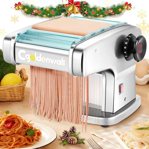 CGOLDENWALL Elettrica Macchina per Pasta Fresca 135W Tirapasta in Acciaio Inox per Tagliatelle/Spaghetti/Lasagne/Ravioli con 9 Gradi di Spessore Regolabile, 4 Larghezze di Lame