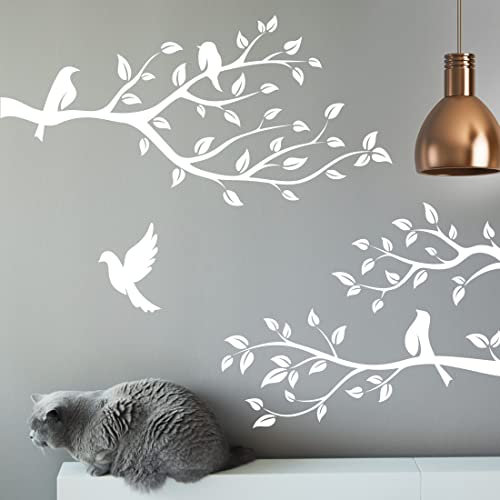 Autocollant mural en vinyle motif oiseaux sur branche Blanc Art décalcomanie salon meubles décoration porte cuisine arbre feuilles