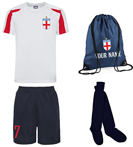 Personalised England Style Kit Football Shirt, Navy Blue Shorts, Bag and Socks for Boys and Girls Best Birthday Gift for Children Kids Playwear (9-11 Years), White & Navy