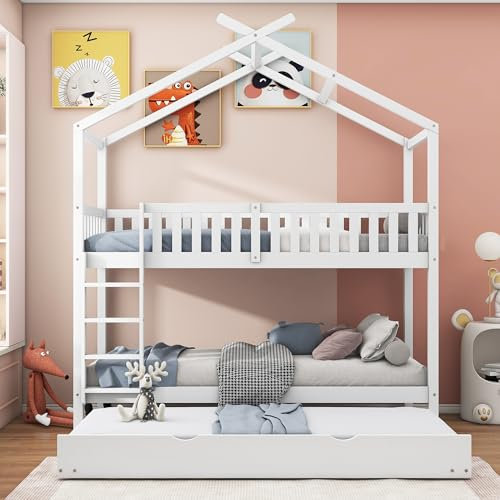 FEZTOY Etagenbett, Hochbett 90x200, Stockbett für 3 Kinder, Kinderbett mit Lattenrost, Etagenbett 3 Personen, Doppelbett Hausbett, Kinderzimmer