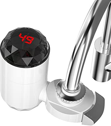 KOKSII Calentador de Agua EléCtrico con Pantalla de Temperatura para Cocina Calentador de Grifo de Calentamiento InstantáNeo Calentador de Agua Sin Tanque Enchufe de la UE a, Blanco
