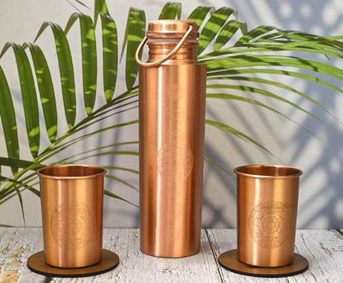 Geschenkset: Kupferflasche (matt), 7 Chakra, 100% reines Kupfer, Herzchakra/Wasserflasche/1000 ml/Meditation/Fitnessstudio/Yoga aus Indien