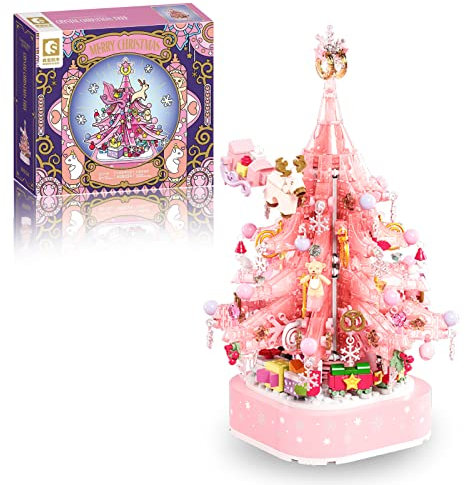 VLites Weihnachtsbaum Bausteine, 675 Teile rosa Kristall Weihnachts Spieluhr Bauspielzeug, Geschenke für Mädchen, Weihnachtskollektion Home Deko