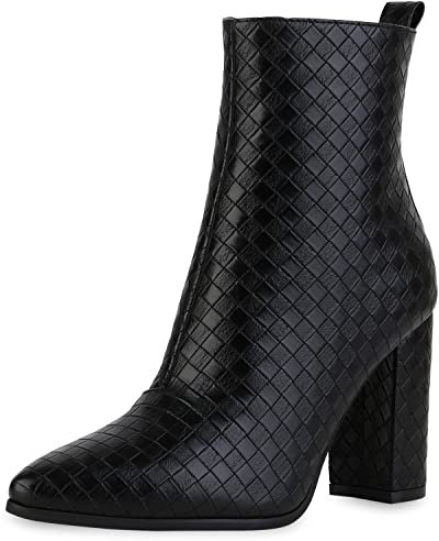 VAN HILL Damen Klassische Stiefeletten Prints Schuhe Blockabsatz Freizeit Booties Spitze Leder-Optik Absatzschuhe 212235 Schwarz Muster 40
