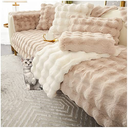 AWAV Thick Rabbit Plush Sofa Cover Sofa Slipcover Corner, 3/2/1/4 Seater Universal Couch Cover Anti-rutsch Sofaüberwurf, Sofahusse Sofa überzug Ecksofa, Sofaschoner für Hunde (Khaki,70x150cm)