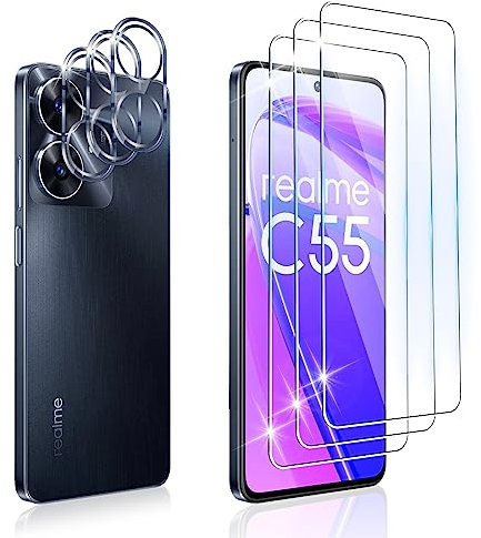 Dabuu 3 Piezas Protector de Pantalla para Realme C55 + 3 Piezas Protector de Lente de Cámara, 9H Dureza, Anti-Arañazos, HD Vidrio Templado, Cristal Templado - Transparente