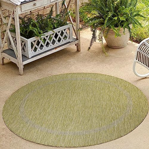 HomebyHome In & Outdoor Teppich Wetterfest Sisal Optik Grün 120 cm Rund - Balkon Teppich Wasserfest, Waschbar, Flachgewebe - Ideal für Küche, Camping, Garten und Terrasse