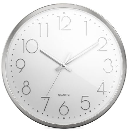 Mebus Quarzwanduhr | Leisegangwerk ohne Tick-Tack Geräusch | Aluminiumrahmen | arabisches Zifferblatt | 3D Ziffern | Aluminium Zeiger I 30 cm, Silber/Weiß
