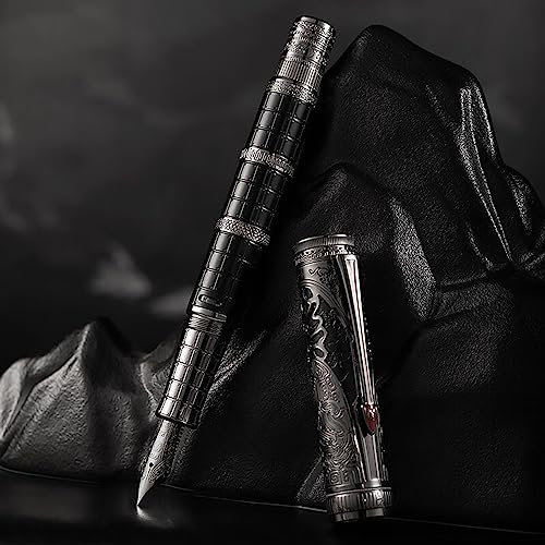 HONG DIAN Hongdian D5 Qin Dynasty Füllfederhalter Schwarz Silber, Extra feine Feder Kolbenfüllstift, Retro Chinesisches Totem Gravur Glattes Schreiben Füller mit Stiftbox Set