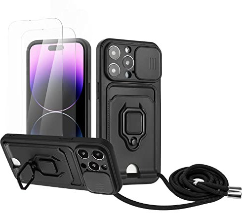 Zallagre Cover Compatibile con iPhone 15 Pro Max,[2 Pack] Vetro Temperato,Protezione Fotocamera,360°Magnetica Anello Supporto,Slot Schede,Custodia con Cordino-Nero