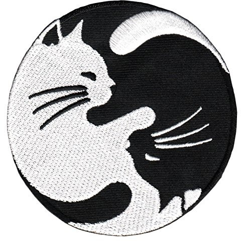 Yin Yang Zeichen Katze Aufnäher zum aufbügeln oder aufnähen Bügelbild Aufbügler für Kleidung gestickter Bügelpatch Applikation Patch Größe 8,0 x 8,0 cm