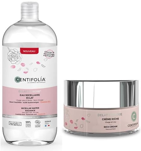CENTIFOLIA Mizellenwasser Eclat de Rose 500 ml + reichhaltige Creme Eclat de Rose 50 ml | ideal für feuchtigkeitsarme Haut | entfernt perfekt Make-up | geglättete und beleuchtete Haut | Hergestellt in