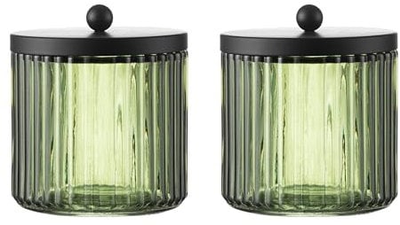 KMWARES 2-Pack Glass Qtip Holder Dispenser Set for Cotton Ball, Swab, Round Pads, Floss Picks - Bathroom Canister Storage Organization and Vanity Makeup Organizer(Olive Green)