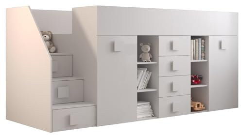 MEBLE KRYSPOL Toledo 3 Hochbett für Kinder & Jugendliche mit Stauraum - Etagenbett mit Schreibtisch, Kleiderschrank, Regal, Schubladen, Treppe - 248,5x93x123 cm - Weiß
