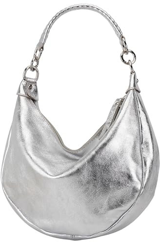 SH Leder Echtleder Damen Halbmondförmige Tasche stylisch bananentasche Umhängetasche Leder 30x22cm Mina G668 (Silber)