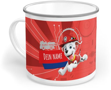 PICANOVA Tasse PAW Patrol Kinder Tasse mit Name Marshall – Personalisierte Geschenke Kinder – Individuell Tasse Emaille 300 ml – Dauerhaft Paw Patrol Becher Ideal für Kinder