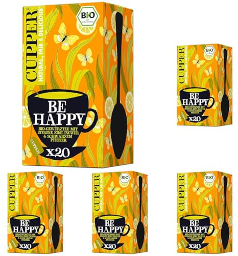 Cupper Be Happy Bio-Gewürztee mit Zitrone, Zimt, Ingwer und Schwarzem Pfeffer, 40 g, 20 Stück (5er Pack)