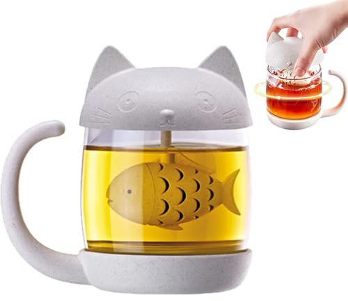 BOSONS Lindos vasos de gato, taza de té de vidrio Kawaii de 8 onzas con infusor y tapa, taza de café de vidrio antiquemaduras con mango de paja de trigo, taza de agua resistente al calor, regalo