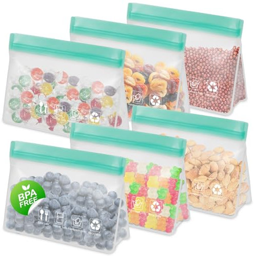 Dcsioike Reusable Freezer Bags, Stand Up Leakproof Gallon Vegetable Snack Sandwich Bag, BPA Free Silicone Bags for Food Storage,Travel, Home Organization(6 Pack - 6 Small)