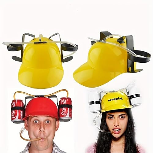 SZHXVIVISY Creative soda beer drinking helmet lazy drink drinking hat for sports events beer cap with hose and can holder hands free party drink dispenser (Yellow)