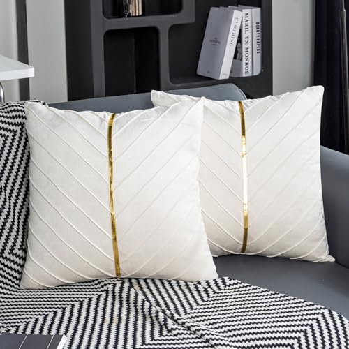 Jayusaror Kissenbezug 50x50 Samt Beige Dekokissen Gold Zierkissenbezug Deko Kissen Kissenhülle Weiche Kissenbezüge Moderne Zierkissen Bezug für Sofa Couch Schlafzimmer Wohnzimmer 2er Set