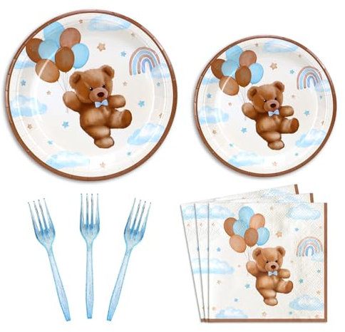 Teddy Bear Baby Shower Decorations Plates Set for 25,Boho Paper Plates Napkins Forks for Boy Brown Blue Tableware Birthday Party Supplies