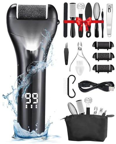 15 in 1 Electric Foot File for Hard Skin, USB Rechargeable Callus Remover with 3 Roller Heads, 3 Speeds & LED Display, IPX7 Waterproof, Pedicure Kit with Storage Bag for Dead Skin Dry Skin