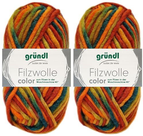 Gründl Color Lot de 2 pelotes de laine à feutrer, 50 g chacune, en 100 % laine vierge, avec instructions pour les maniques (36 bleu-vert, rouge, ocre, rouge-orange, multicolore)