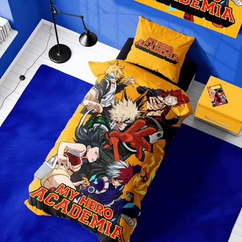 Halantex My Hero Academia Single Reversible Duvet Set – 135 x 200 cm with Pillowcase – Featuring Midoriya, Bakugo & Todoroki for Anime Fans, Machine Washable