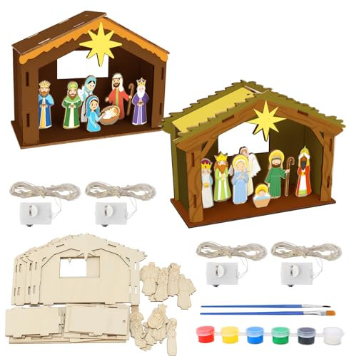 TGFIX 4set Weihnachten Basteln Kinder Mit LED Kerzen Krippenhaus Weihnachten Bastelset Teelichthaus Weihnachtshaus Basteln Weihnachtskrippe Holz Teelicht Haus Lichterhaus Weihnachtsbaum Hängendsdeko