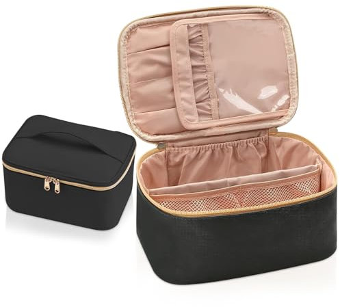 Kosmetiktasche Damen, Reise Schminktasche Groß Make Up Tasche Organizer, Wasserdichter Reise Kosmetiktasche Mit Griff und BüRstenfach Kulturtasche (Schwarz)
